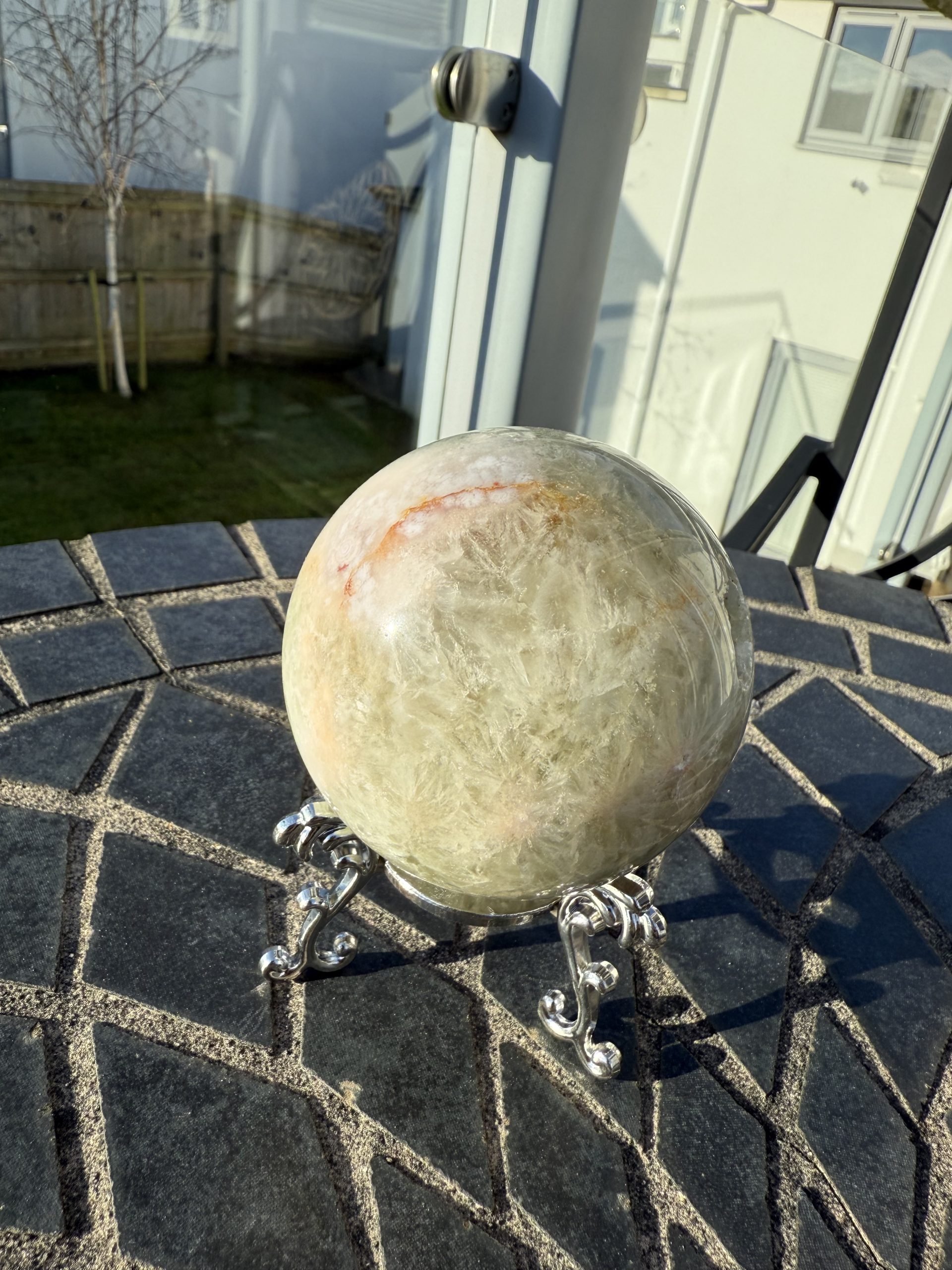 Won Green Amethyst & Flower Agate Sphere on stand